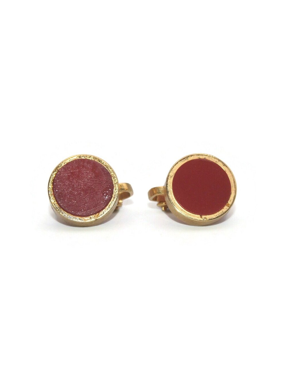 Vintage Gold Tone and Red Plastic Round Clip on Earrings. Marked Hong Kong.
